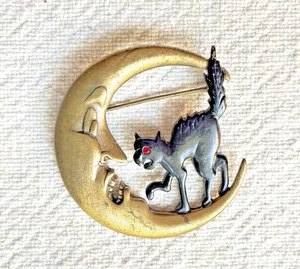 Broche JJ Jonette Vintage Negro Esmalte Gato Scared Luna Años 80-90 Mate Tono Dorado - Imagen 1 de 4