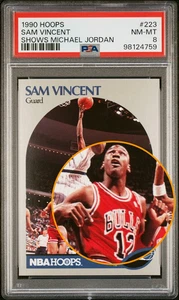 1990 HOOPS #223 SAM VINCENT W/ MICHAEL JORDAN ONLY GAME WEARING #12 JERSEY PSA 8 - Picture 1 of 3
