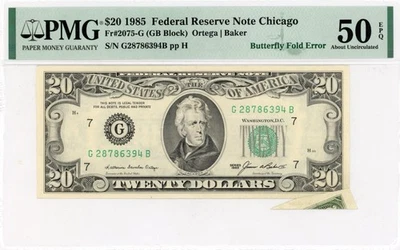 1985 $20 Chicago Federal Reserve Error Note-Fr.2075-G, Butterfly Fold-PMG 50 EPQ - Image 1 of 2