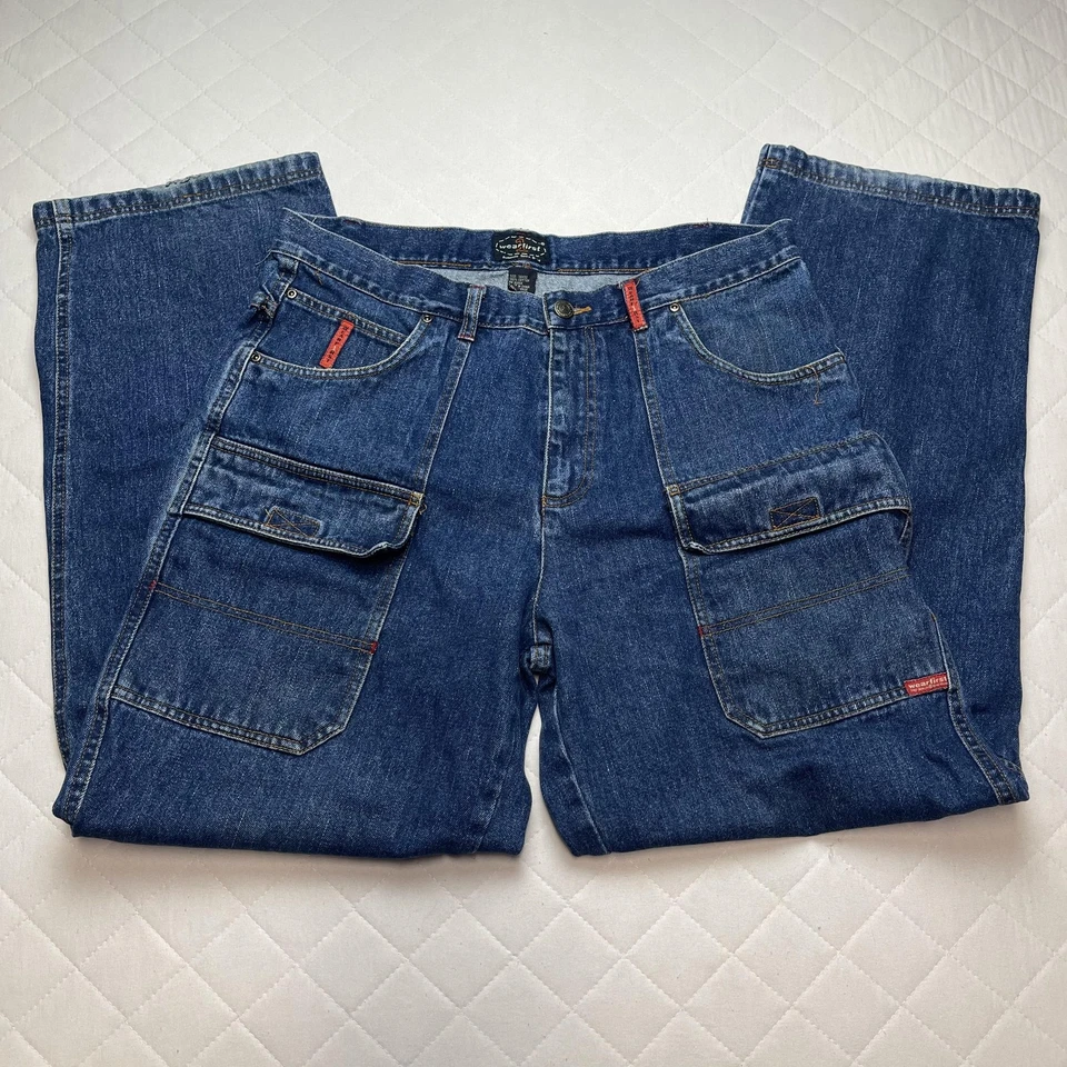 Pantalones de mezclilla WearFirst para hombre 38x32 azul cargo utilitarios bolsillos de carpintero Y2K Street Foto 1 de 4