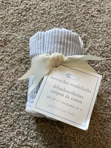 NWT Pottery Barn BABY Set of 3 Seersucker White And Blue Striped Washcloths - Picture 1 of 4