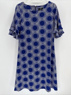 Vestido Ronni Nicole Mediano Azul Geométrico Texturizado Mangas con Volantes Foto 1 de 4