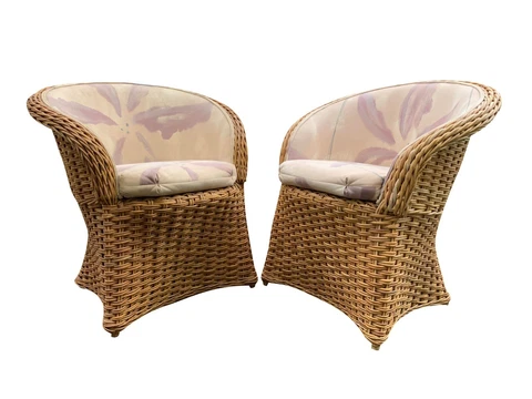 Vintage 1970s Antique Tan Rattan Wicker Floral Pattern Lounge Chairs - a Pair Cover
