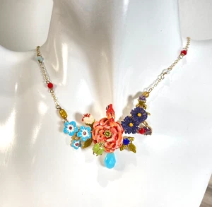 Les Néréides Necklace Flowers Cardinal BirCrystals Charms Rose Blue Cottage Core - Picture 1 of 10