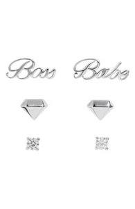BOSS BABE Triple Set CZ Slaybelles Studded Silver Earrings - TRIO PACK! - NEW! - Picture 1 of 4