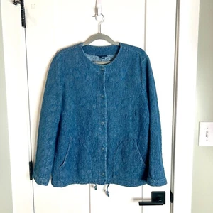 PureJill Indigo Crinkled Chambray Snap Button Barn Chore Jacket Shacket Size LP - Picture 1 of 5