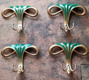 Set of 4 Coat Hooks for Panel or Wall, in Brass with Green Enamel Made in Italy - Picture 1 of 10