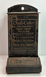 Vtg Style Wall Mount Match Box Holder Tin black Coal-Coke Parker Bros Co.