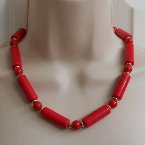 VETEMENTS Collana Perline Tono Oro Rosso Vintage Lunghezza 19" Fashion Statement Classico Vintage