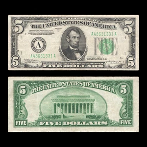 1934A $5 Five Dollar Dark Green Seal Federal Reserve Note Boston, XF+ - Picture 1 of 3
