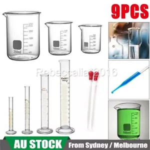 9X Glass Beaker Set+Graduated Measuring Cylinder+Glass Stirring Rod Brush+Straw - Picture 1 of 11