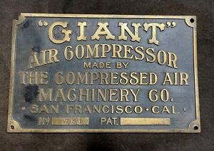 GIANT AIR COMPRESSOR brass plate mining Compressed Air Machinery Company 1899