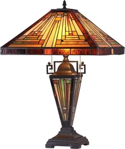 Tiffany Mission Style Table Lamp Multicolor Stained Glass Lit Wooden Base 24" H - Picture 1 of 2