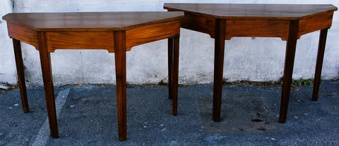 18th c Pair of English Sheraton Solid Mahogany Console Tables with Secret Drawer Cover