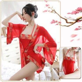 Womens Sleepwear Set Sexy Lingerie Doudu G-string Gown Sheer Kimono Nightgown