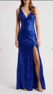 NWT City Studio Ball Gown Sequin Slit Low Back Maxi Dress Size 11 Royal Blue - Picture 1 of 10