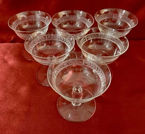 Set Of 6 Beautiful Laurel Wreath Cut Glass High Champagne / Sherbet Stem Glasses - Picture 1 of 12