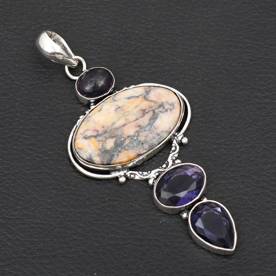 树枝蛋白石紫水晶宝石民族手工吊坠珠宝首饰 3.12 英寸 AP-19371 — 第 1/1 张图片