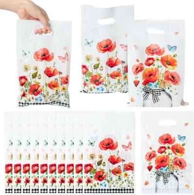 50件装红色罂粟派对礼品袋-花朵蝴蝶塑料防水礼品袋 — 第 1/4 张图片