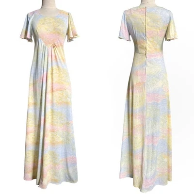 Vestido Maxi Estampado Abstracto Arco Iris Pastel Manga Acampanada Años 70 Vintage. Foto 1 de 4