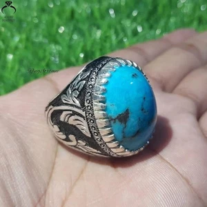 Persian Neyshabur Turquoise Ring for Men – 925 Sterling Silver Vintage Design - Picture 1 of 6