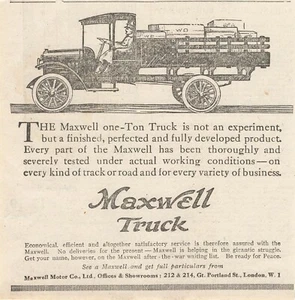 Camión Maxwell 1918 de una tonelada Maxwell Motor Company Ltd anuncio original  - Imagen 1 de 1