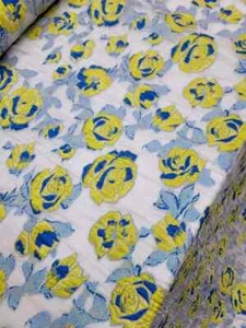 Fabric Sold By Yard White Organza Silk Yellow Floral Royal Blue Brocade Dress  - Picture 1 of 10
