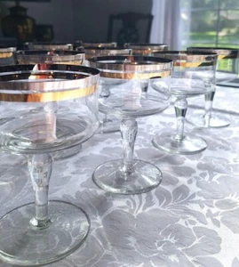 12 Vintage Champagne Glasses, High Quality Krosno Stemware, Gold & Platinum Band - Picture 1 of 9