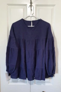 Trendsi Peplum Tiered Swing Top Size Medium Blue Lantern Sleeves Boho - Picture 1 of 7