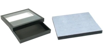 Vitrina cuadrada negra (tapa extraíble con tapa de vidrio) con inserto de espuma gris de 36 ranuras Foto 1 de 3