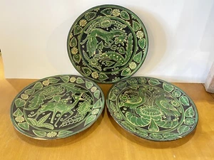 Set Of 3 Vintage 9.5” Mexican Pottery Dinner Plates Fantasia Deer Birds Wolf? - Picture 1 of 11