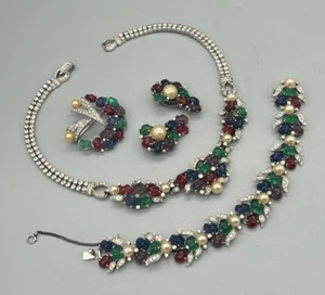 Vintage Joseph Mazer Lava Glass Parure Earrings Brooch Bracelet Necklace Jomaz - Picture 1 of 21
