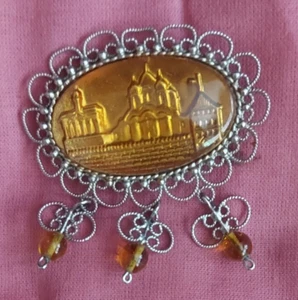 Vintage USSR Brooch Under Amber Weaving Filigree Kremlin Antique Soviet Handmade - Picture 1 of 3