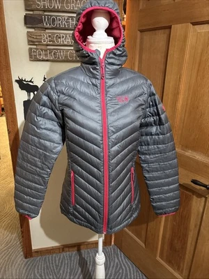Chaqueta acolchada Mountain Hardwear Ghost Whisperer con capucha para mujer gris/rosa mediana Foto 1 de 4