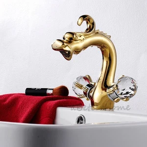 Luxury Gold Brass Dragon Design Bathroom Sink Faucet Dual Handles Vanity Art Tap - Picture 1 of 3