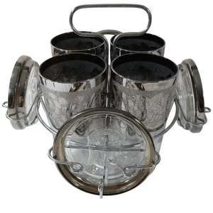 Dorothy Thorpe Silver Fade Grabado Uva 4 Vasos Highball Posavasos Caddy MCM - Imagen 1 de 19