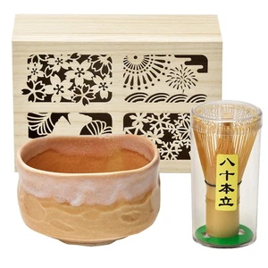 New Japanese Sakura Matcha Bowl & Whisk Set Pink Ceramic Chawan Wooden Box - Picture 1 of 5