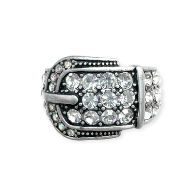 Anillo con hebilla Premier Designs talla 7 plateado cristal pavé glamour occidental Foto 1 de 4