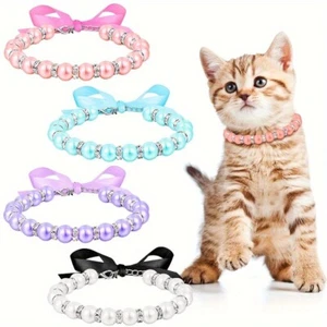 4pcs Dog Cat Pearls Necklace Collar with  Ribbon Bow Pet Puppy Jewelry - Picture 1 of 11