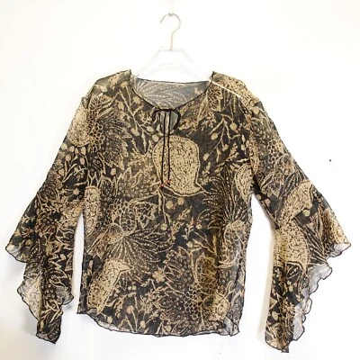 Blusa Whimsy Paisley Feminina Grande Preta Bronzeada Floral Flareada Retrô Boho Hippie Chique - Imagem 1 de 4