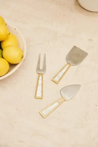 RARE New 3 x West Elm Mother Of Pearl & Metal Inlay Cheese Board Knives Set - Picture 1 of 7