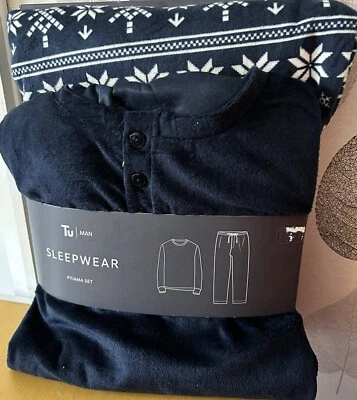 MENS NAVY & WHITE FAIR-ISLE SOFT LONG SLEEVE / LEG PYJAMAS CHRISTMAS M MEDIUM BN - Image 1 of 4