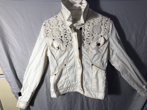 OFF WHITE Giacca con bottoni da donna Cache semi trasparente all'uncinetto cerniera intera taglia 8 bianca