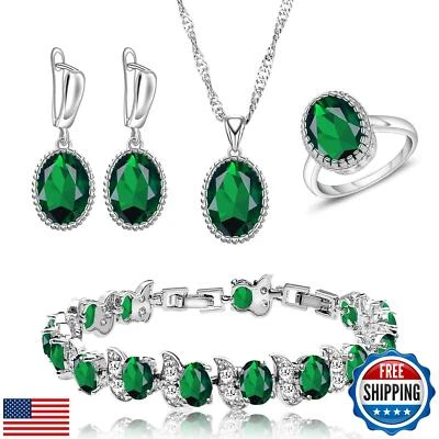 Created Green Emerald Jewelry Set for Women, White Gold Plated Earring - Image 1 of 4