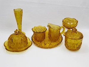 Vintage Kemple Yutec Glass Amber Sawtooth Edge Cream Sugar Butter Dish Tray Vase - Picture 1 of 17