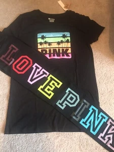NWT Victoria Secret PINK XS/S Tropical Palm Tree Tee Shine Tee Rainbow Legging - Picture 1 of 4