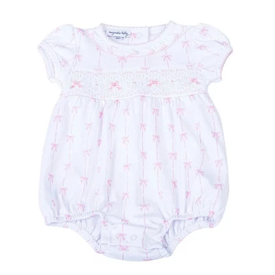 NWT Magnolia Baby White Pink Pima Cotton Bow Smocked Bubble 3 Months 3M Girls - Image 1 of 3