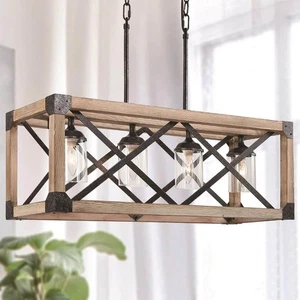 LNC 4-Light Distressed Black Wood Island Chandelier w/ Clear Glass Shades - Picture 1 of 12