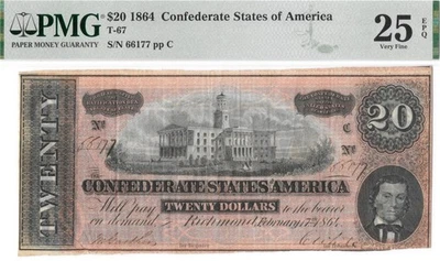 Light RED Shade T-67 1864 $20 Confederate PF-16 PMG VF25 EPQ Scarcer 1 Flourish - Image 1 of 4