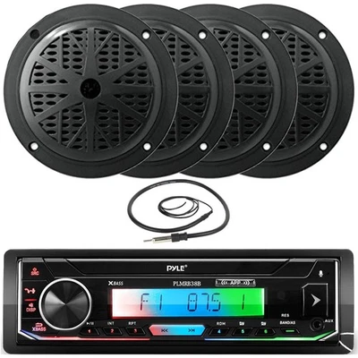 4x Marine 6.5" Black 120W Speakers, Pyle Black USB AUX AM FM Radio And Antenna - Image 1 of 4